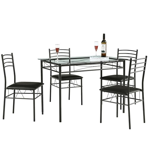 Kitchen Dining Table and Chairs Set for 4, Padded Seat & Glasses Tabletop, Space Saving, Matte Black