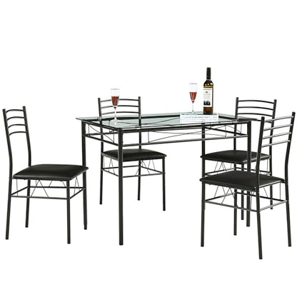 Kitchen Dining Table and Chairs Set for 4, Padded Seat & Glasses Tabletop, Space Saving, Matte Black