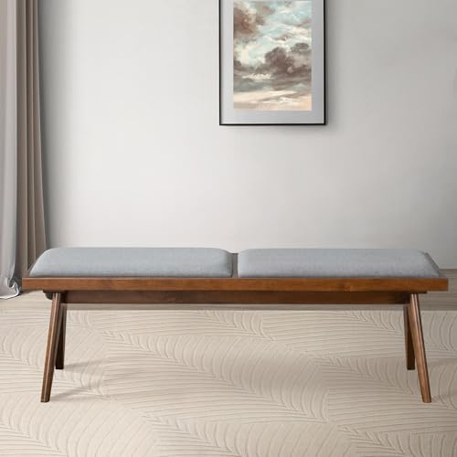 Solid Wood Bench with Grey Fabric Upholstery and Walnut Colored Legs, 51.18 x 14.17 inches
