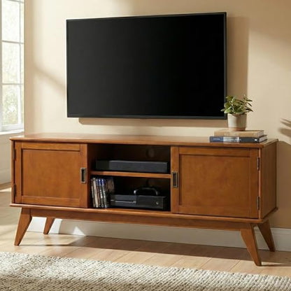 Draper TV Stand - 60 inch Wide Solid Wood Low Media Console in Teak Brown, Mid Century Modern Entertainment Center for Living Room for TVs up to 65 Inches with Cabinets and Cable Management