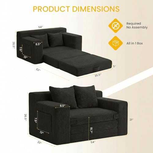 Boneless Couch,Boneless Loveseat Sleeper Sofa Bed – 3-in-1 Convertible Couch Bed with Side Pockets & Handle,Pull Out Corduroy Futon for Small Space,Living Room & Bedroom,2 Pillows Included,No Assembly