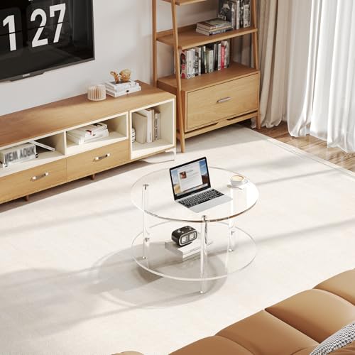 Acrylic Round Coffee Table, 23.6" Wide Modern Tea Table with Storage Shelf, 2-Tier Circle Center Table for Living Room, Office Reception and Apartment (Clear)