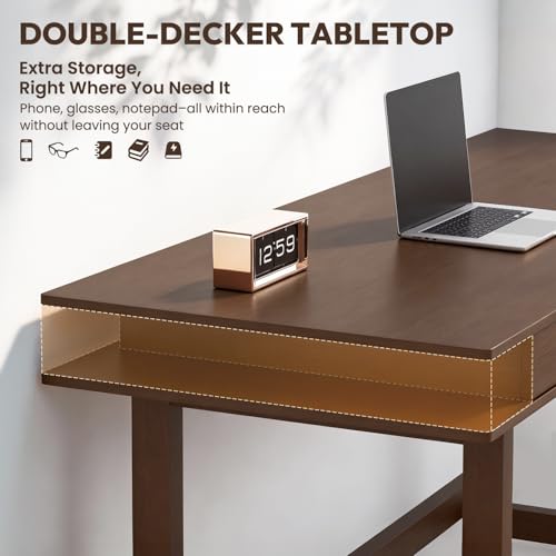 Double-Top Solid Wood Desk - 60-Inch Mid-Century Modern Writing Table with Drawers for Home Office, Study, and Creation, Rubberwood Computer Desk in Black Walnut