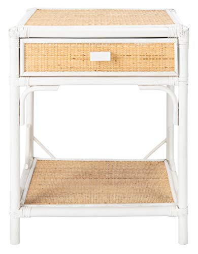 SAFAVIEH Home Collection – Roya White & Natural Nightstand with Drawer & Shelf, Coastal Accent Table, Bamboo-Style Frame & Rattan Drawer (NST4005C)