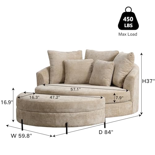 59.8" W Oversized Accent Barrel Chair Large Round Chair with Ottoman & Movable Wheels,Wheat