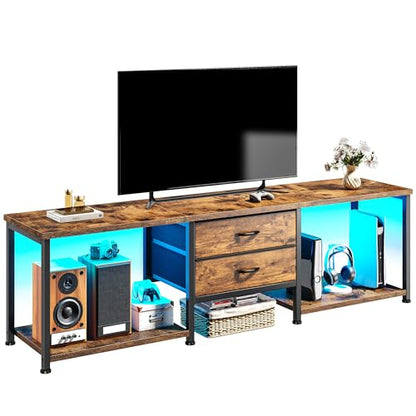 TV Stand for 75 Inch TV with Light & Storage Shelves for Living Room, Brown, view 2