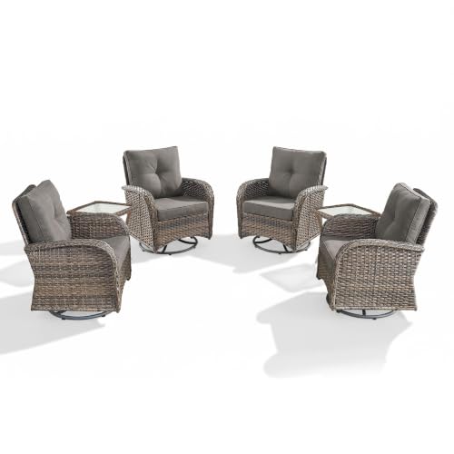 Outdoor Swivel Glider Rocker Chairs Set of 4 - Wicker Patio Furniture Set All Weather Patio Conversatio Sets with 2 Tempered Glass Side Table for Deck Backyard - Brown Wicker Grey Cushion