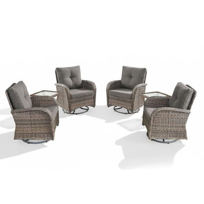 Outdoor Swivel Glider Rocker Chairs Set of 4 - Wicker Patio Furniture Set All Weather Patio Conversatio Sets with 2 Tempered Glass Side Table for Deck Backyard - Brown Wicker Grey Cushion