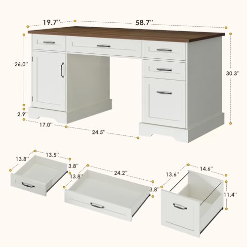 Farmhouse 59 Inch Executive Desk with Drawers, Walnut+White, view 3