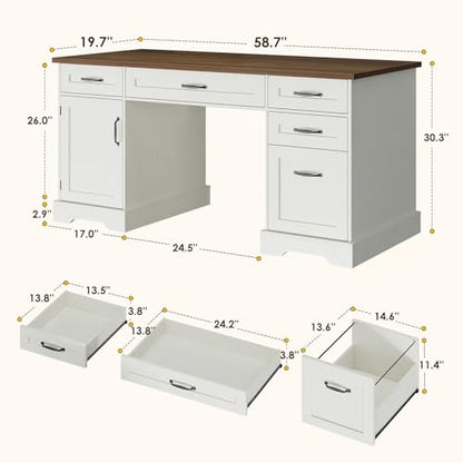 Farmhouse 59 Inch Executive Desk with Drawers, Walnut+White, view 3