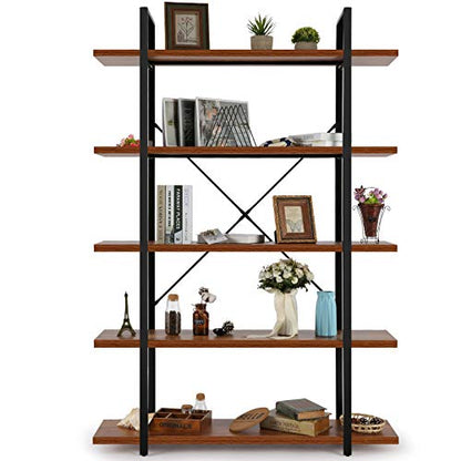 Wood and Metal Minimalist 5 Tier Bookshelf, 6 feet Tall Open Rustic Wide Bookcase Industrial Style, Modern Wooden Big Book Shelf for Home Living Room Bedroom Office Storage, Rustic Brown