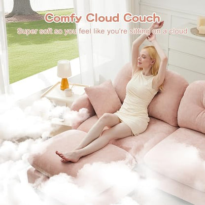 Cloud Couches for Living Room, Modular Sectional Sofa, 140" L-Shape Modular Couch with Movable Ottoman, Oversized Sectional Couch with Deep Seat, Pink