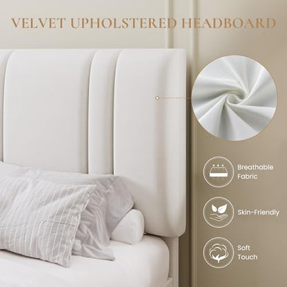 Queen Size Velvet Bed Frame with Adjustable Headboard, White, view 5