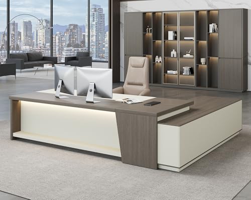 79" L-Shaped Executive Desk with Drawers, Large Modern Office Desk with Storage Shelves, LED Lighting, Built-in Outlet & USB Ports – Home Office Desk (Smoked Oak & Cream White, Left Return)