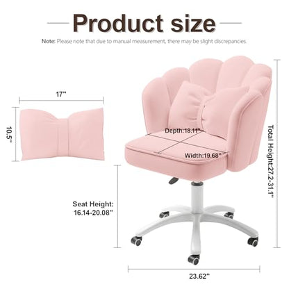 Petal Desk Chair with Bow Cushion Velvet Vanity Chair with Wheels, Upholstered Home Office Chair for Girls Women, Mid-Back Swivel Computer Task Chairs for Living Room Bedroom, Light Pink