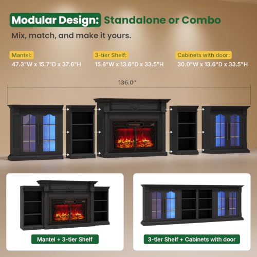 136" Fireplace TV Stand with Metal Screen, 5-in-1 Modular Design, Black, view 5