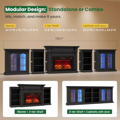 136" Fireplace TV Stand with Metal Screen, 5-in-1 Modular Design, Black, view 5