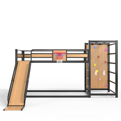 JIVOIT Twin XL Size Metal Loft Bed, Multi-Functional Design Loft Bed Frame with Basketball Hoop, Pull-Up Rings, Climbing Wall, Built-in Bookshelves, a Slide, Space-Saving Design, No Box Spring Needed