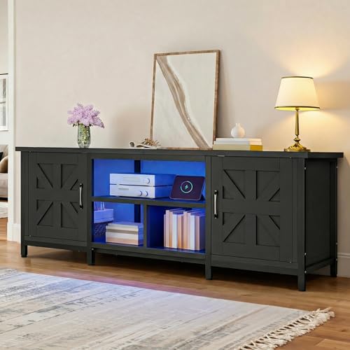 Farmhouse TV Stand with Power Outlets for TVs up to 75 Inch, Black, view 2
