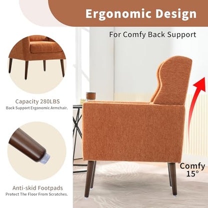 Modern Accent Chair, Upholstered Arm Chair with Waist Pillow, Single Sofa Chair for Living Room Bedroom Small Spaces (Orange)