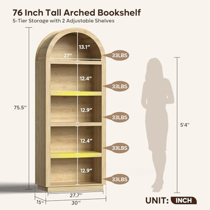 76"Tall Arched Bookcase With 2 Tier Adjustable Shelves, Natural Oak | Adjustable Bookshelf, 5 Tier Large Wood Book Case, Mid Century Modern Open Display Shelf for Bedroom, Home Office,Living Room