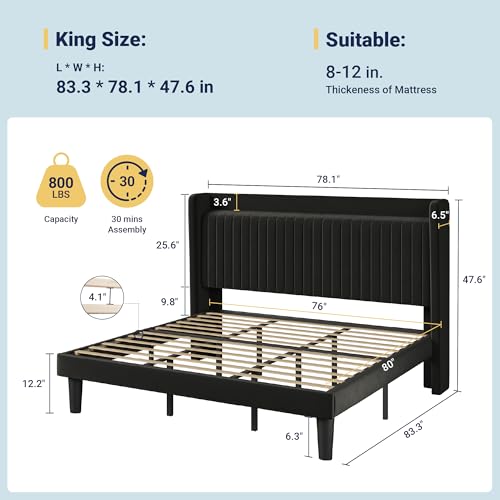 King Size Platform Bed Frame with USB Charging Station and Storage, view 3