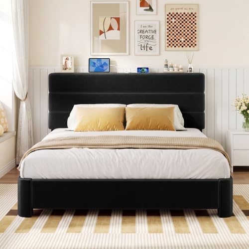 Queen Size Platform Bed Frame with Velvet Upholstered Headboard, view 2