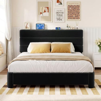 Queen Size Platform Bed Frame with Velvet Upholstered Headboard, view 2
