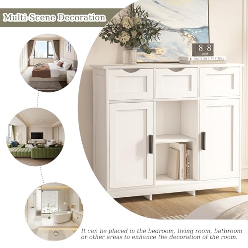Sideboard Floor Storage Cabinet - Wooden Storage Organizer with 2 Doors and 3 Drawers, Free Standing Accent Buffet Cabinet with Adjustable Shelves for Living Room, Kitchen,Bathroom (White)