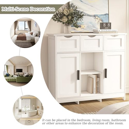 Sideboard Floor Storage Cabinet - Wooden Storage Organizer with 2 Doors and 3 Drawers, Free Standing Accent Buffet Cabinet with Adjustable Shelves for Living Room, Kitchen,Bathroom (White)