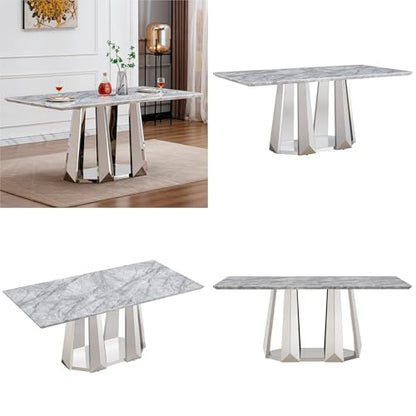 Marble Dining Table for 6 People, 70'' Rectangle Faux Marble Dining Table with Mirrored Stainless Steel Base, Large Size Marble Kitchen Table (Silver,Grey)(only Table)