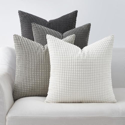 Grey Couch Pillow Covers for Living Room 45x45 cm Set of 4,Mid Century Modern White Neutral Corduroy Corn Throw Pillows,Rustic Square Bench Chair Cushion(18 Inch/Grey)