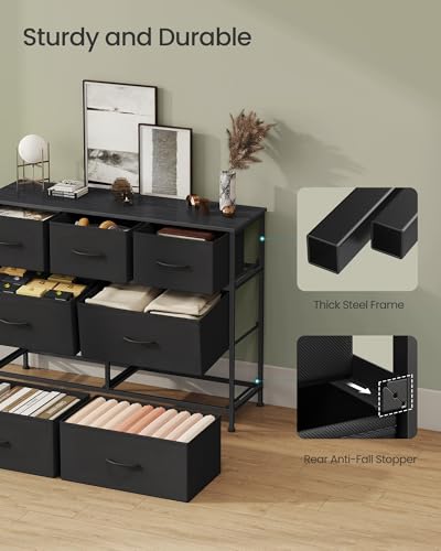 SONGMICS Dresser for Bedroom, Chest of Drawers, TV Stand, Steel, MDF, 7 Non-Woven Fabric Drawers, Storage Organizer Unit, Closet, Entryway, Ink Black and Ebony Black ULGS323B01S