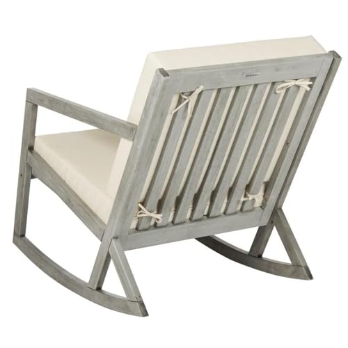 SAFAVIEH Outdoor - Vernon Rocking Chair - Grey & Beige - Solid Wood with Cushion - Shaker-Inspired Slatted Design - Ideal for Patio, Deck, Porch, Backyard, 24.6" Seat Height (PAT7013E)