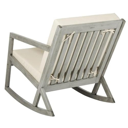 SAFAVIEH Outdoor - Vernon Rocking Chair - Grey & Beige - Solid Wood with Cushion - Shaker-Inspired Slatted Design - Ideal for Patio, Deck, Porch, Backyard, 24.6" Seat Height (PAT7013E)