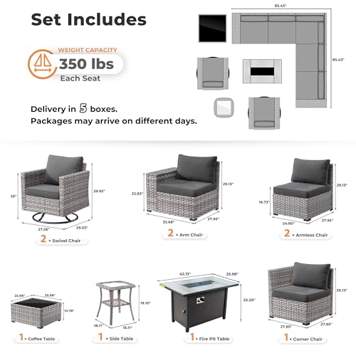 10 Pieces Patio Furniture Set, Outdoor Wicker Sectional Sofa with 42" Fire Pit Table Swivel Chairs, Modern Modular Deep Seat Rattan Couch Conversation Sets, Black