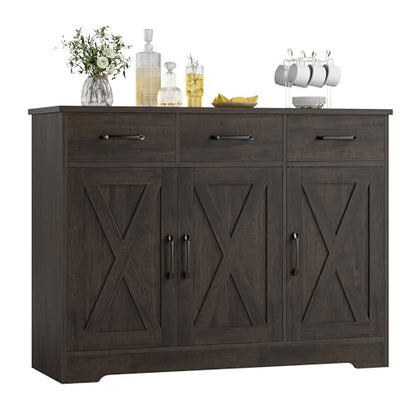 Modern Farmhouse Buffet Sideboard Cabinet, Barn Doors Storage Cabinet with Drawers and Shelves, Wood Coffee Bar with Storage for Dining Room, Kitchen, Living Room, Dark Brown