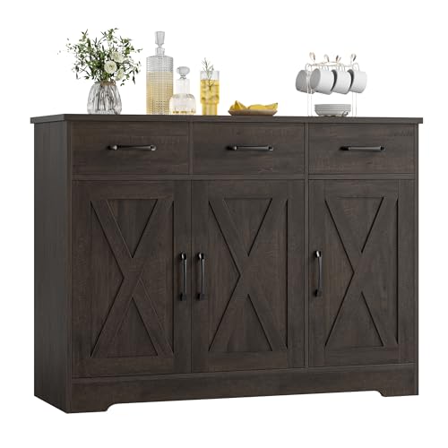 Modern Farmhouse Buffet Sideboard Cabinet, Barn Doors Storage Cabinet with Drawers and Shelves, Wood Coffee Bar with Storage for Dining Room, Kitchen, Living Room, Dark Brown