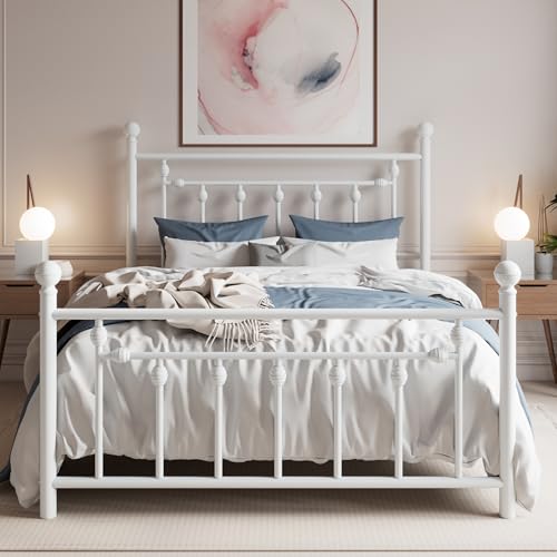 Metal Platform Bed Frame with Victorian Headboard and White Steel Slats, view 2