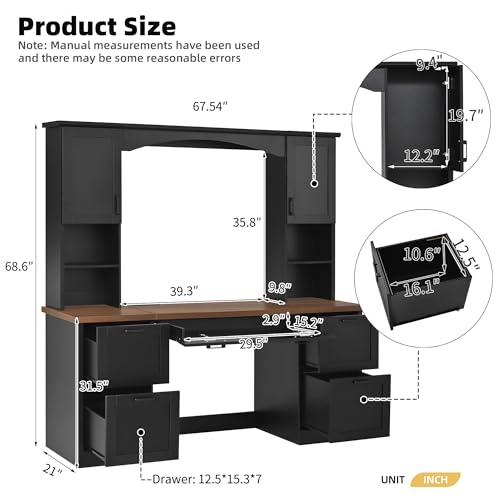 Farmhouse Arched 67" Computer Desk with Power Outlets & Keyboard Tray, view 3