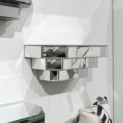 Mirrored Floating Wall Shelf for Home Decor, Silver Wall Mounted Modern Glass Shelf, Decorative Mirror Shelf for Living Room, Bathroom and Entryway, 6 x 16 x 7 Inch