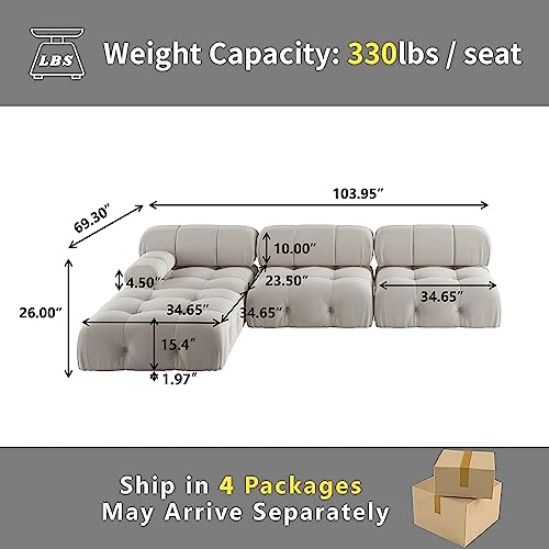 L-Shaped Sectional Couch, 104'' Minimalist Velvet Floor Sofas Couches, Mid-Century Modular Sectional Sofa with Reversible Chaise Ottoman for Living Room, Apartment (3-Seat, 1 Ottoman, Beige)