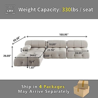 L-Shaped Sectional Couch, 104'' Minimalist Velvet Floor Sofas Couches, Mid-Century Modular Sectional Sofa with Reversible Chaise Ottoman for Living Room, Apartment (3-Seat, 1 Ottoman, Beige)