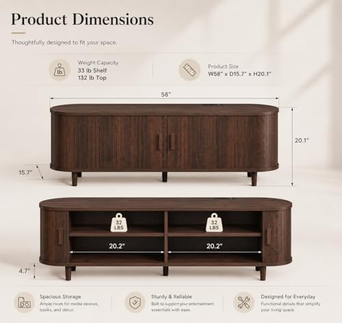 58" Mid-Century Modern TV Stand with Sliding Doors, view 3