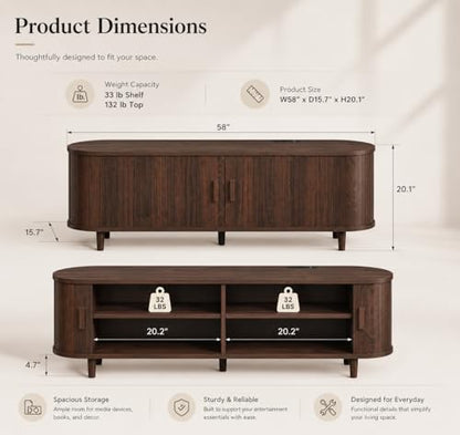58" Mid-Century Modern TV Stand with Sliding Doors, view 3