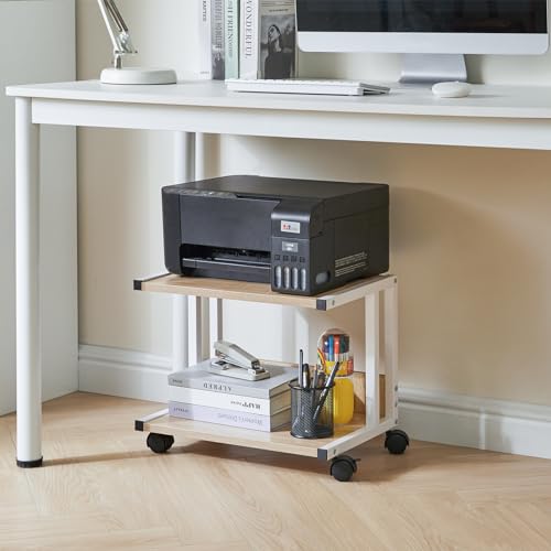 Under Desk Printer Stand, 2-Tier, Mobile Home Desktop Organizer Shelf with 4 Wheels, for Printer, Fax, Home Office Use, Light Wood UTLJ007R