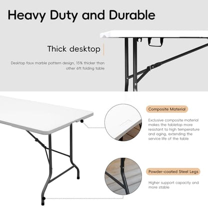 6FT Folding Table Plastic 6 Foot Foldable Table HDPE Portable Banquet Surface Fold-in-Half Desk Utility for Working Meeting,Parties, Picnic, Camping, Weddings, Catering, Garden Dining-White