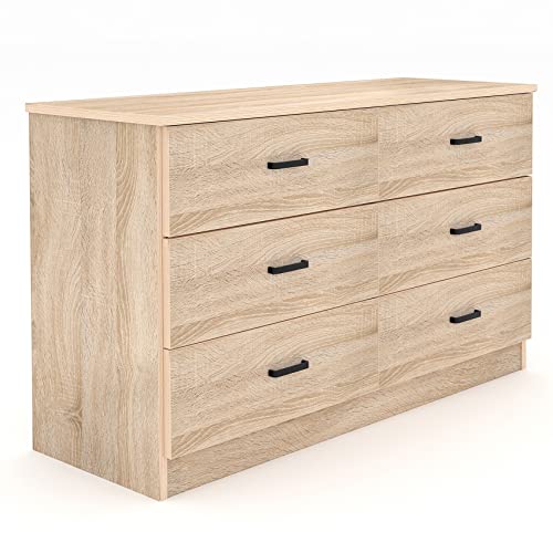 Dresser for Bedroom, 6 Drawer Double Dresser, Modern Chest of Drawers with Deep Drawers, TV Stand Large Storage Organizer for Living Room, Closet (Light Oak)