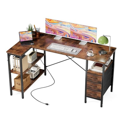 55" L Shaped Gaming Computer Desk with Drawers and Power Outlet, view 2