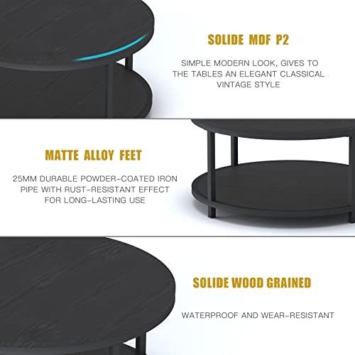 Round Coffee Table, 36" Rustic Wooden Surface Top & Sturdy Metal Legs Industrial Sofa Table for Living Room Modern Design Home Furniture with Storage Open Shelf (Black Oak)